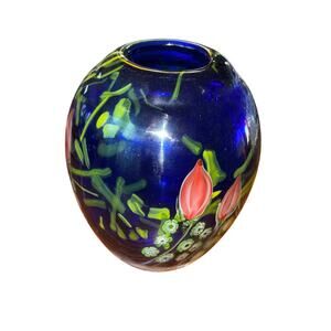 Arthur Kusak Hand Blown Glass Vase Millifiori Floral No Chips Cracks Heavy 5”